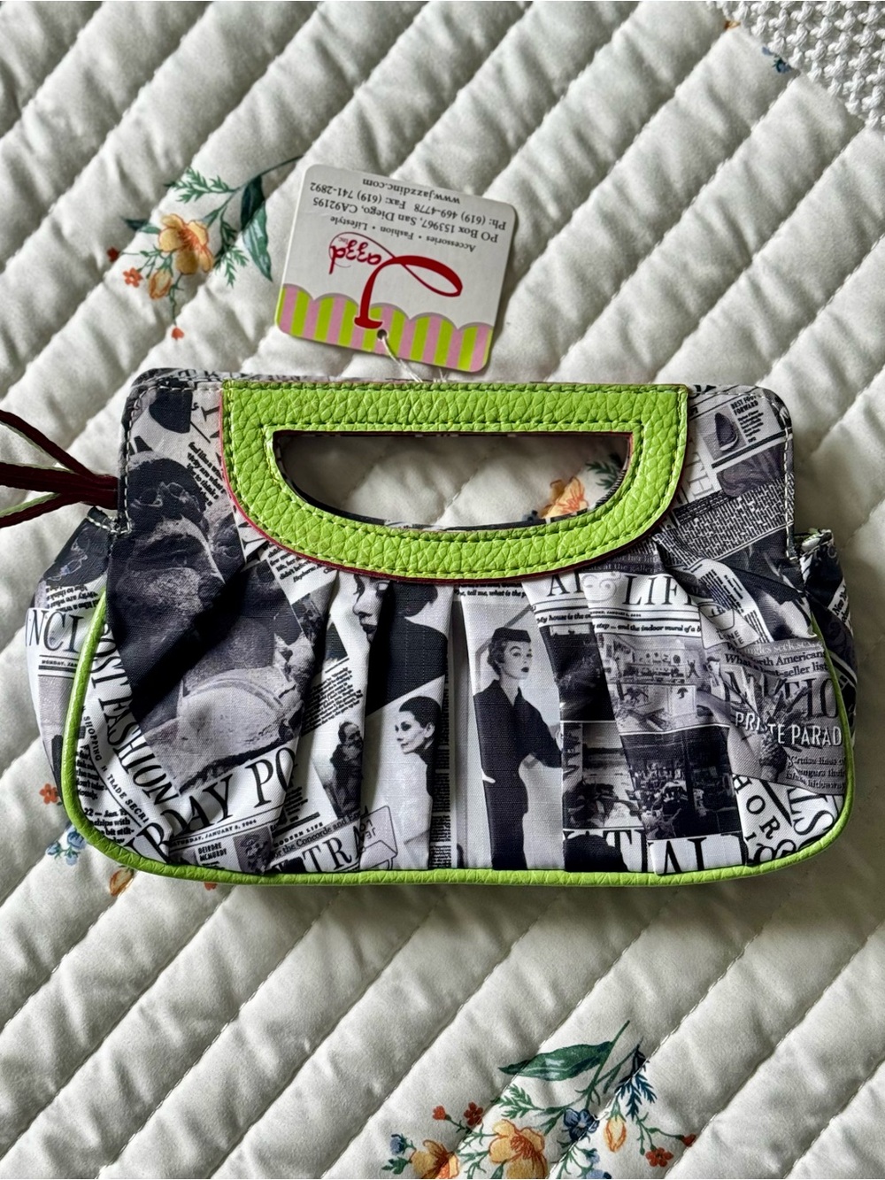 NWT Jazzd Y2K Newspaper Print Mini Clutch, Black & White w/ Green & Pink Trim